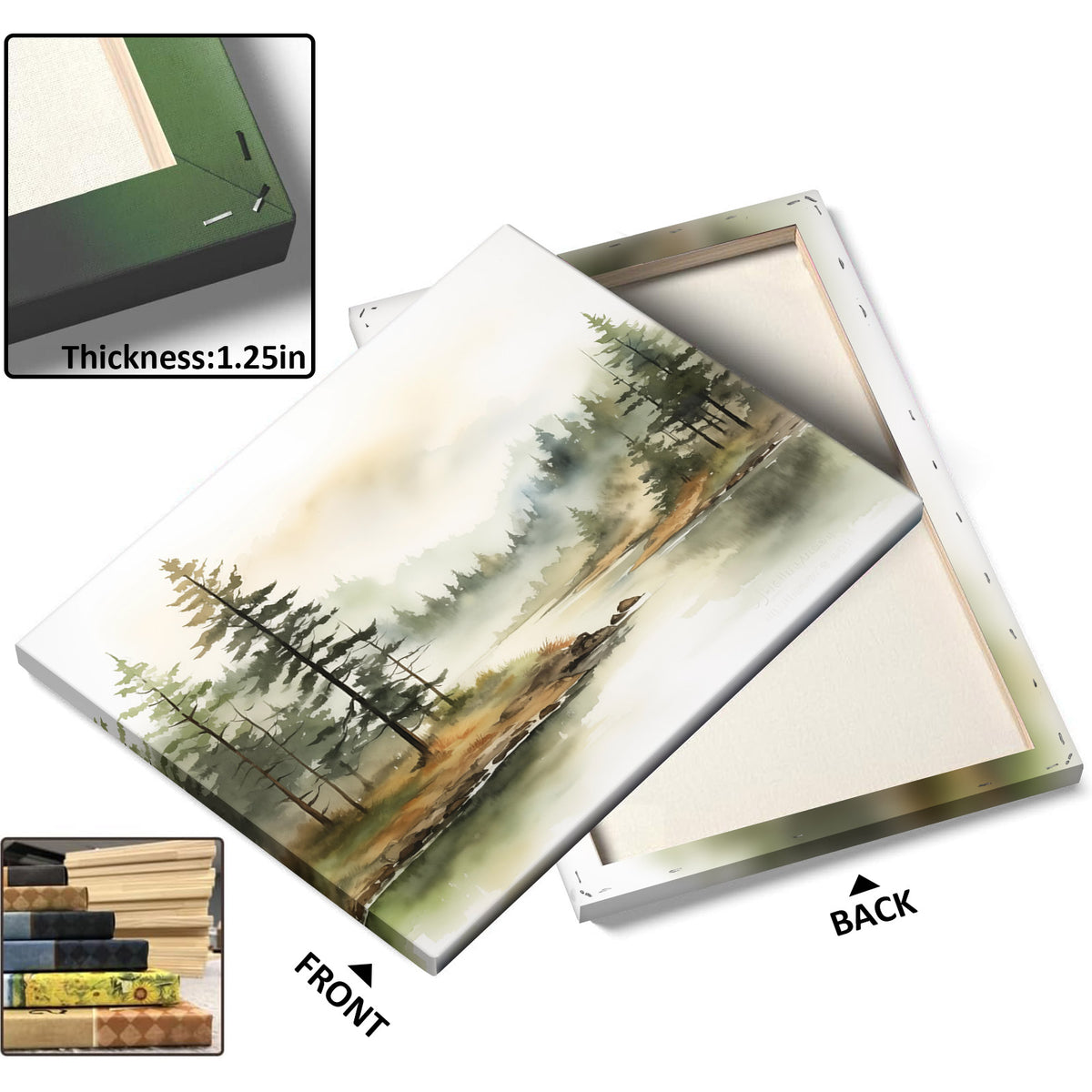 Soft Watercolor Woodland Landscape Misty Pine Forest Lake Wall Art