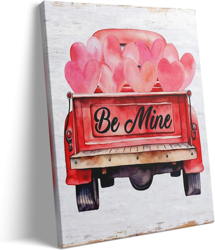 Valentine's Day Canvas Wall Art, Romantic Quote Wall Art Be Mine Red Truck with Pink Heart Balloons Pictures Print, Romantic Farmhouse Decor for Couples and Holiday Home