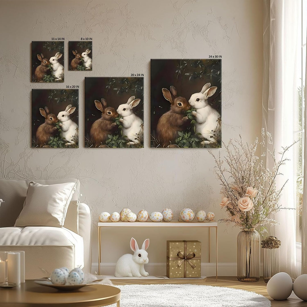 Easter Rabbits Canvas Wall Art, Adorable Hares Eating Leaves Oil Painting Home Decor, Nature-Inspired Wall Decor Stunning Lovable Bunny Canvas Prints for Living Room