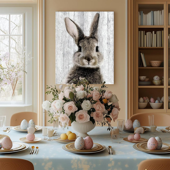 Easter Framed Canvas Wall Art Living Room Decor Rustic Bunny Poster Lovable Rabbit Front Portrait Painting Modern Artwork for Bedroom Dorm Home Office Holiday Wall Decoration