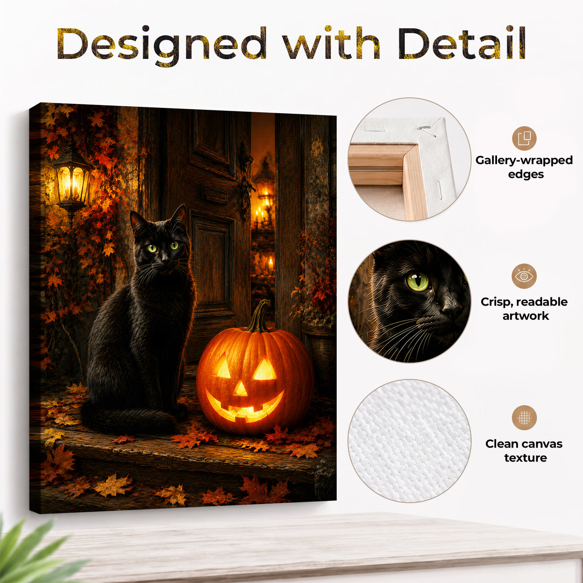 Black Cat and Pumpkin Halloween Canvas Wall Art, Gothic Fall Decor for Living Room, Bedroom and Entryway