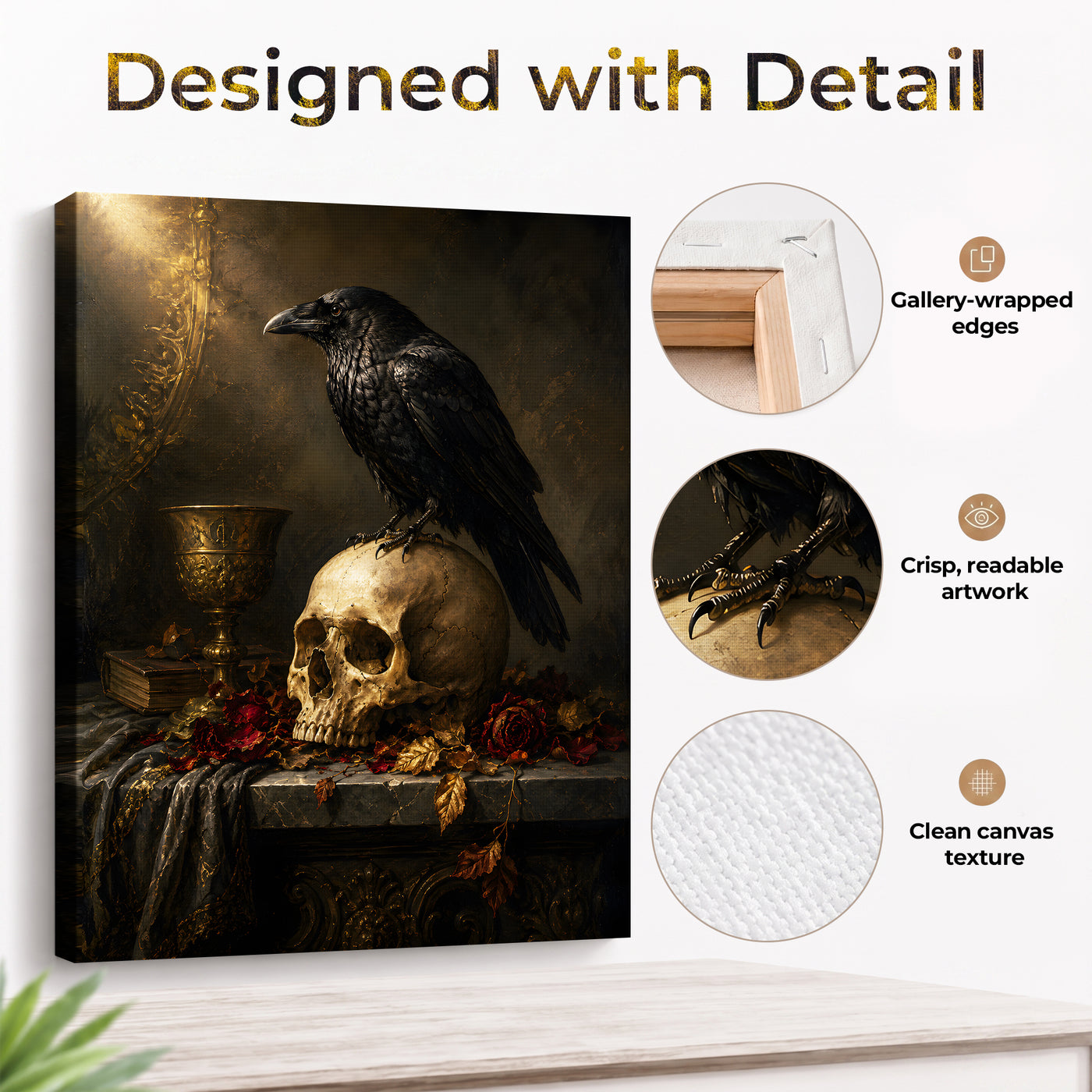 Halloween Raven Canvas Wall Art, Gothic Moonlit Bird Decor