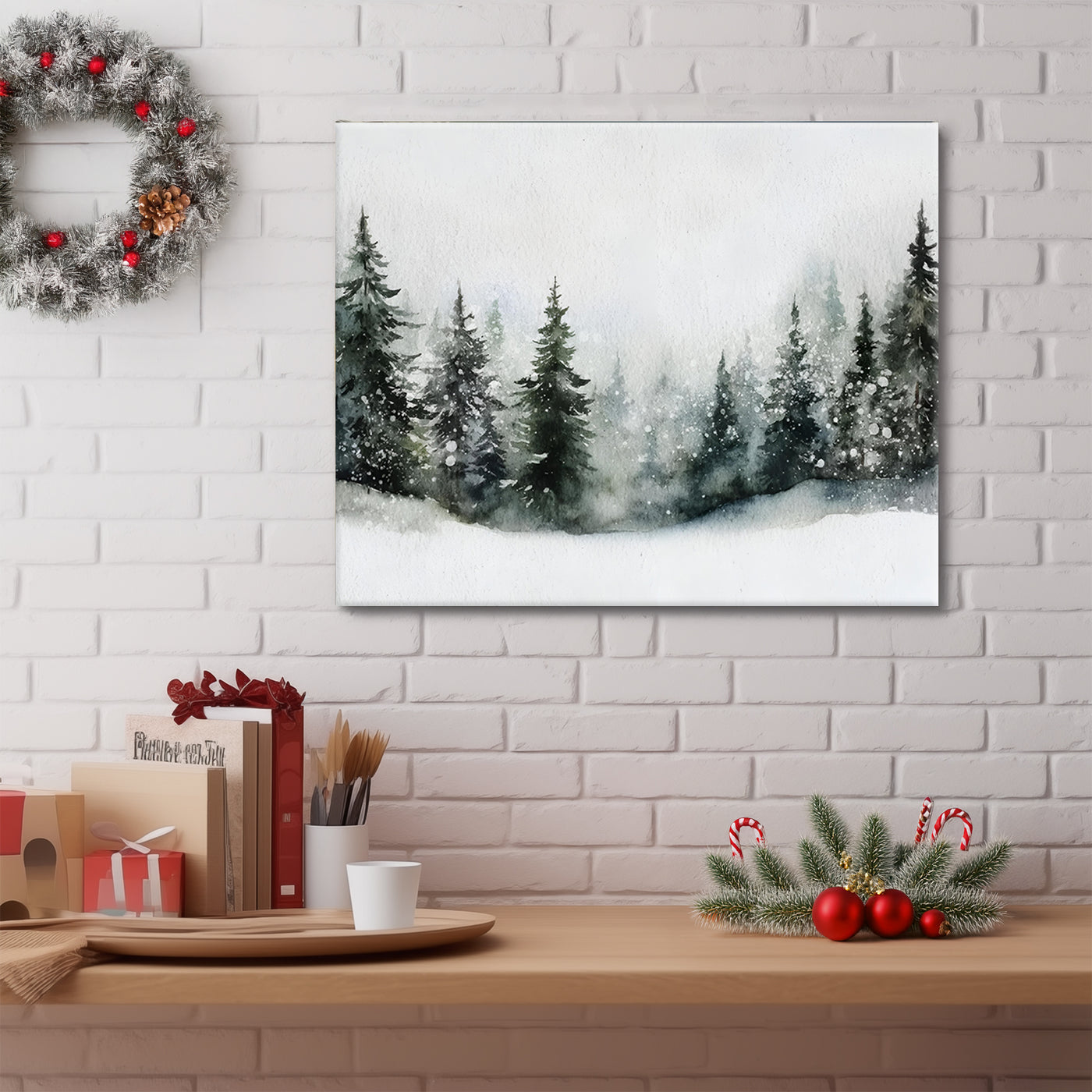 Snowy Pine Forest Canvas Wall Art, Winter Woodland Landscape Artwork for Living Room, Bedroom and Entryway