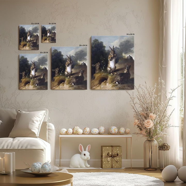 Easter Rabbits Canvas Wall Art, Adorable 4 Hares and Cave Oil Painting Home Decor, Nature-Inspired Wall Decor Stunning Lovable Bunny Canvas Prints for Living Room
