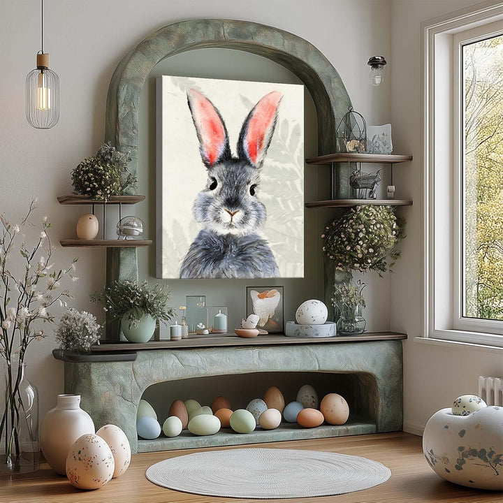 Rustic Easter Bunny Canvas Wall Art, Plants Background Farmhouse Decor Retro Print Painting Spring Aesthetic Artwork, Holiday Gift Bedroom Living Room Decoration