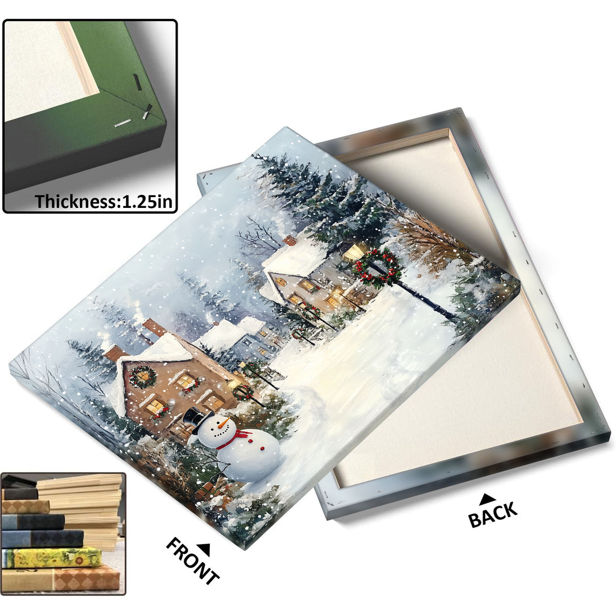 Snowman Christmas Village Canvas Wall Art, Snowy Holiday Town with Wreaths and Lights Decor