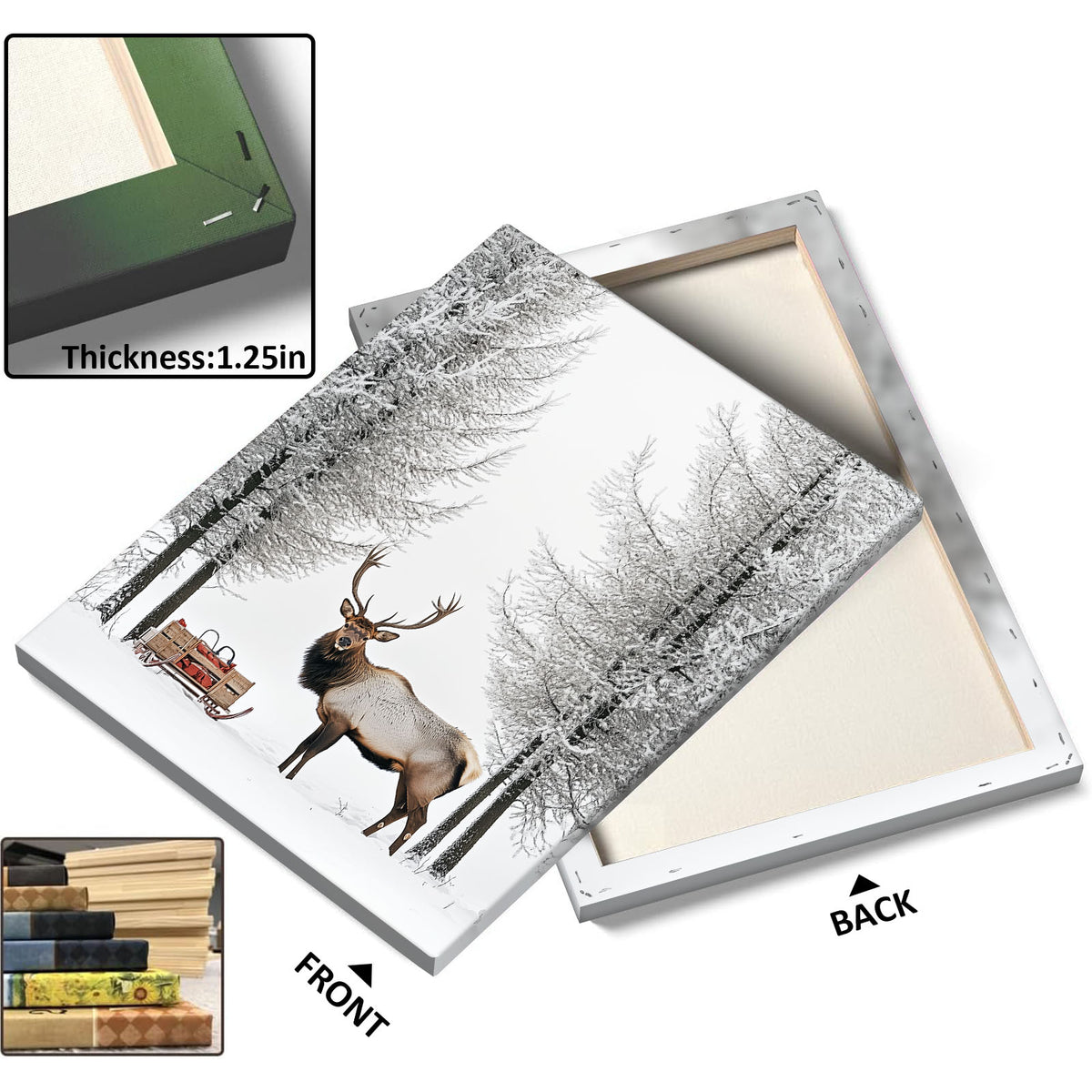 Christmas Elk and Sleigh Canvas Wall Art, Snowy Forest Wildlife Artwork with Gifts for Holiday Decor