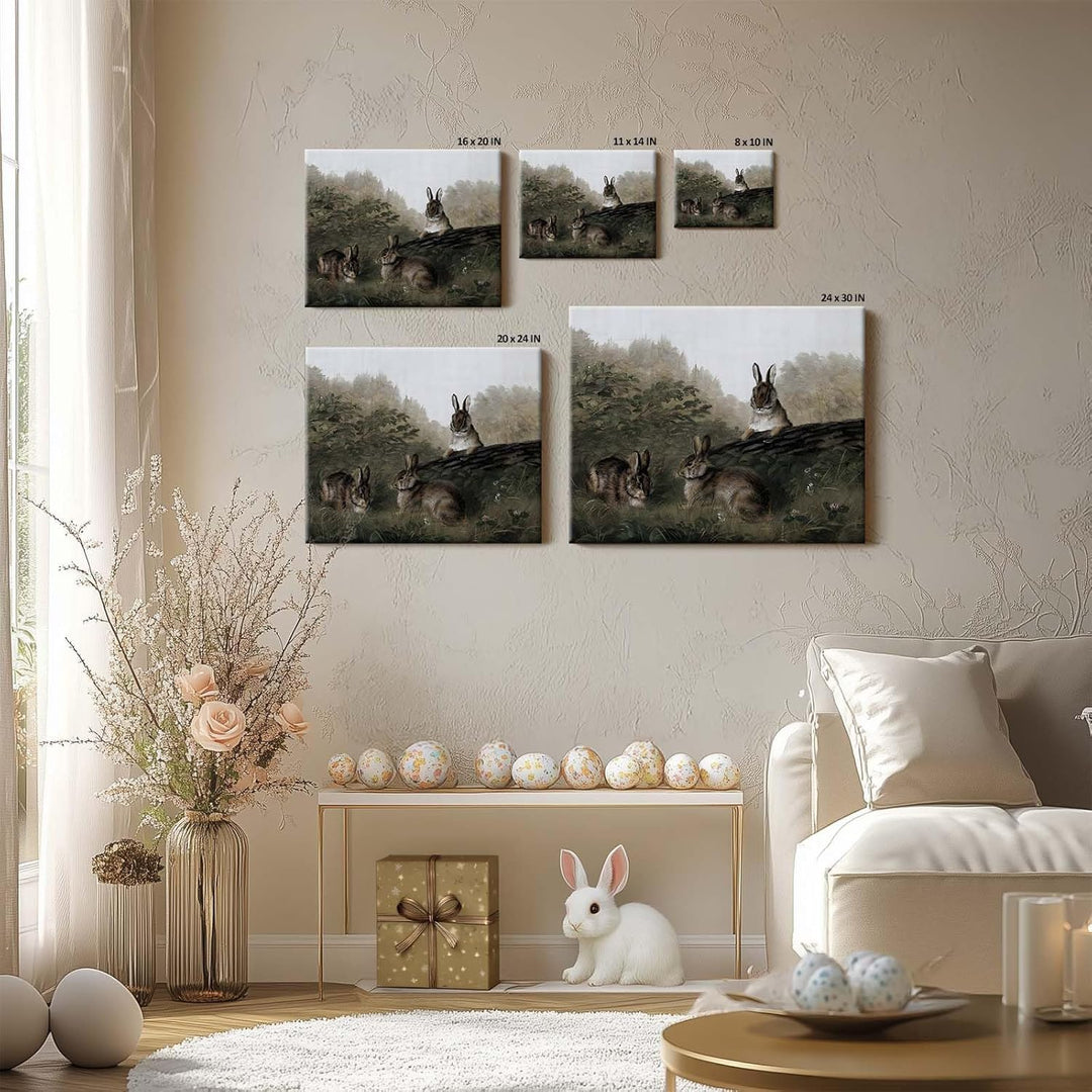 Easter Rabbits Framed Canvas Wall Art, Adorable 4 Hares Cave Oil Painting Home Decor, Nature-Inspired Wall Decor Stunning Lovable Bunny Canvas Prints for Living Room
