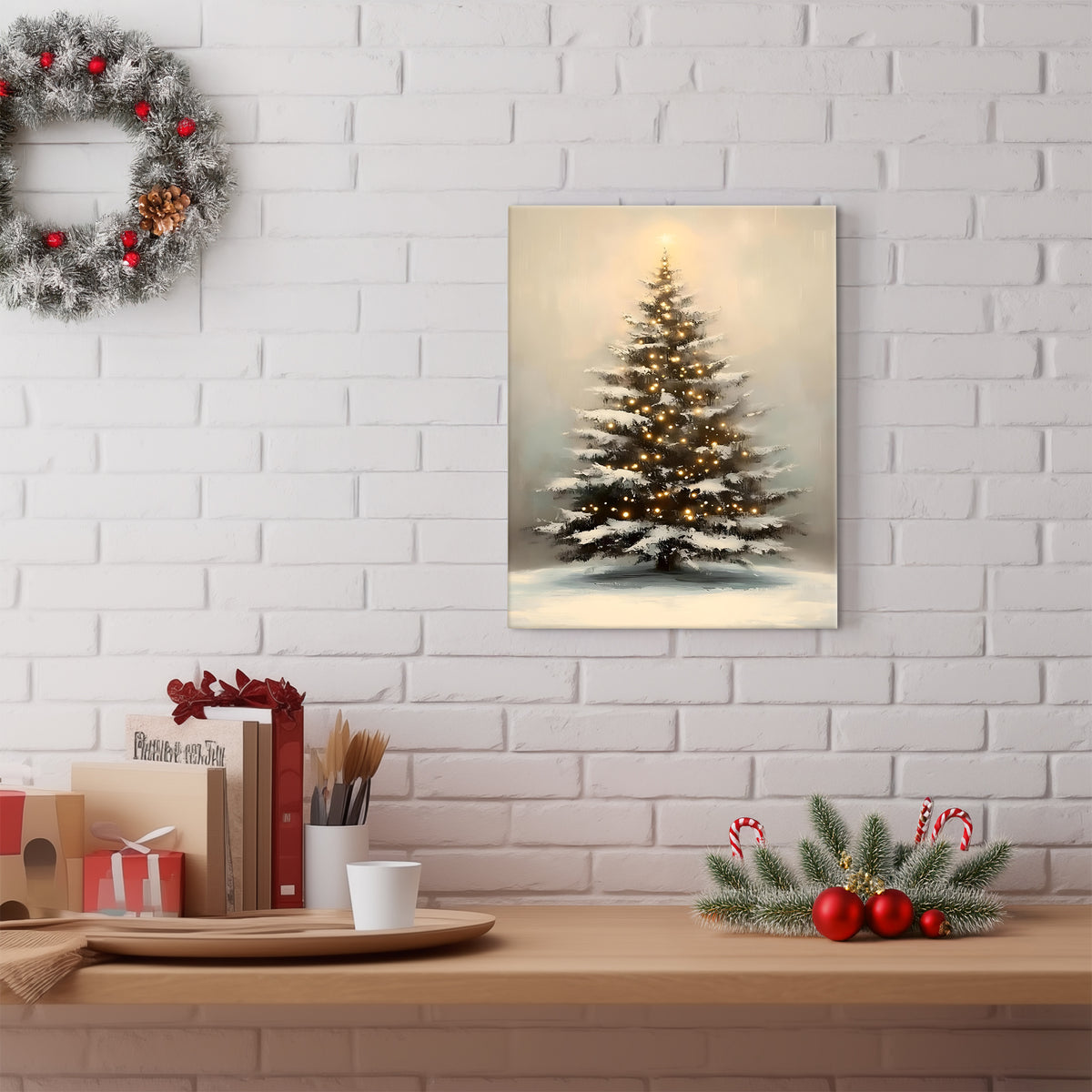 Snowy Christmas Tree Canvas Wall Art, Warm Holiday Tree Artwork with Lights for Living Room, Bedroom and Entryway
