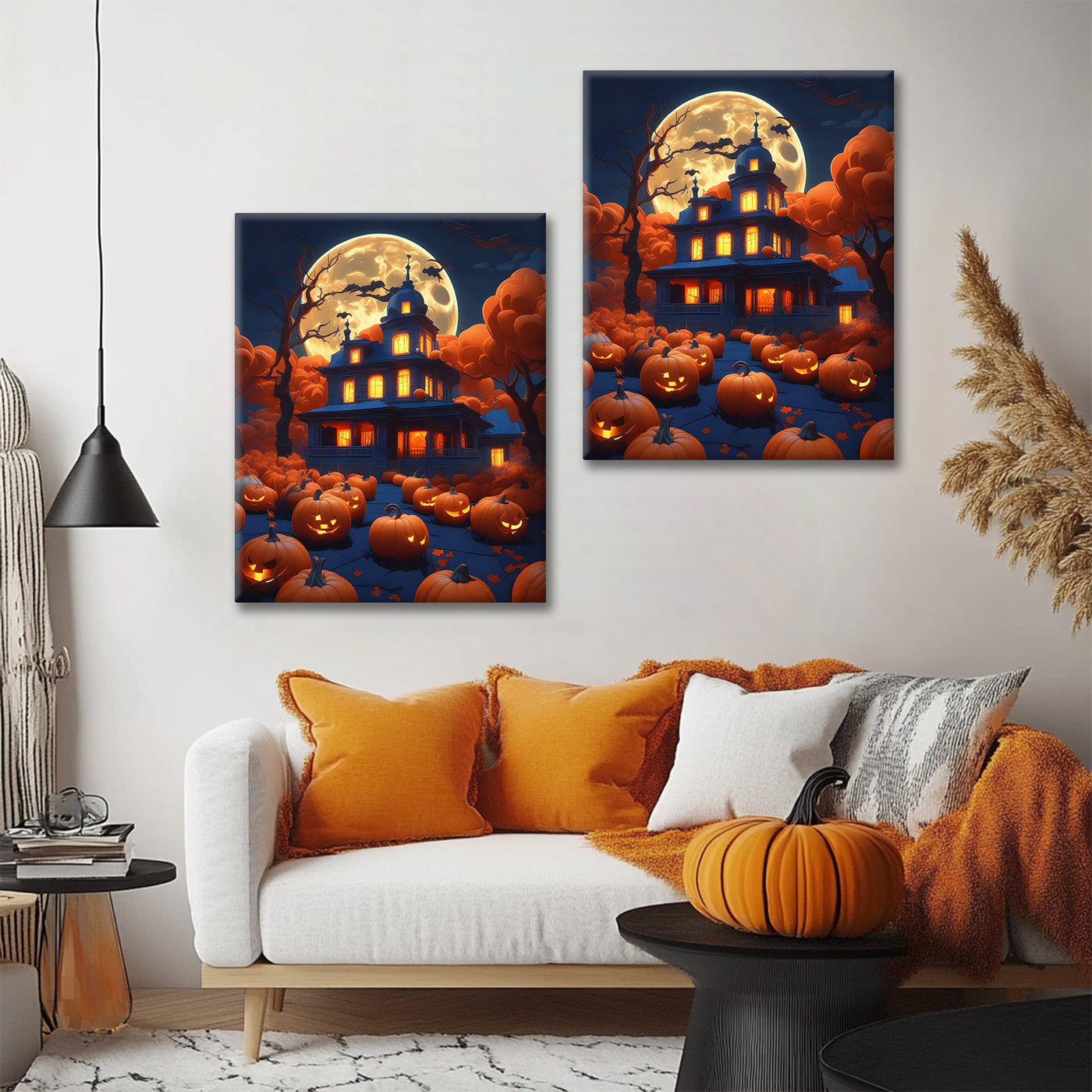 Moonlit Pumpkin Manor Halloween Canvas Wall Art