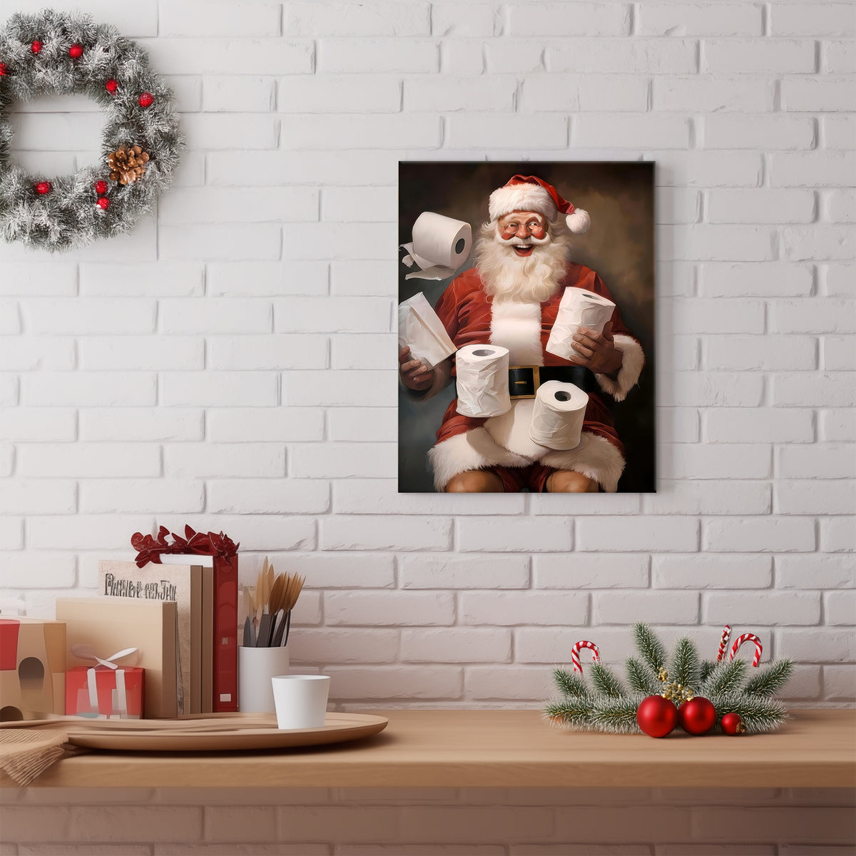 Funny Santa Claus Bathroom Wall Art, Christmas Santa with Toilet Paper Canvas Print for Holiday Bathroom Decor