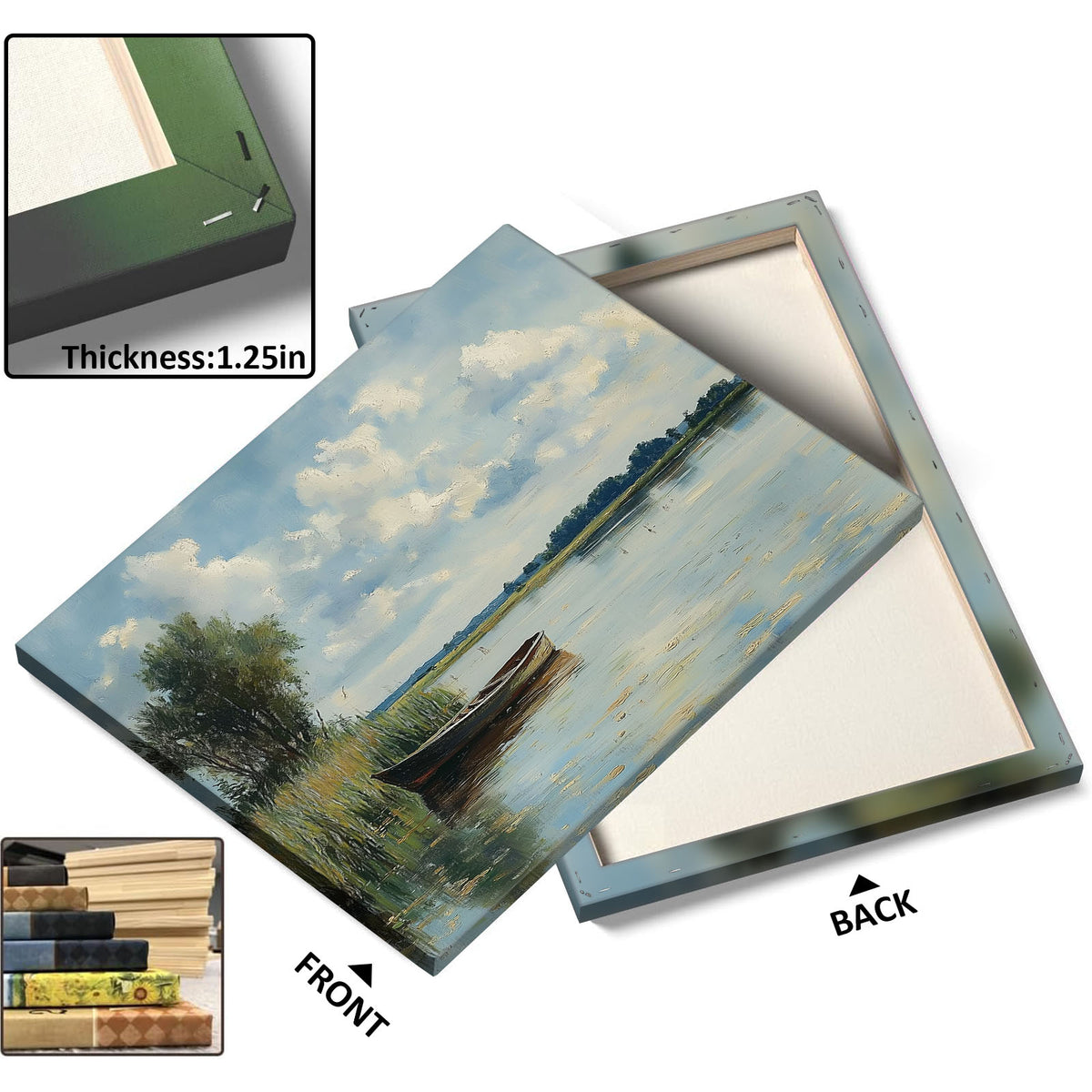 Impressionist Lakeside Landscape Painting Peaceful Lake and Rowboat Wall Art