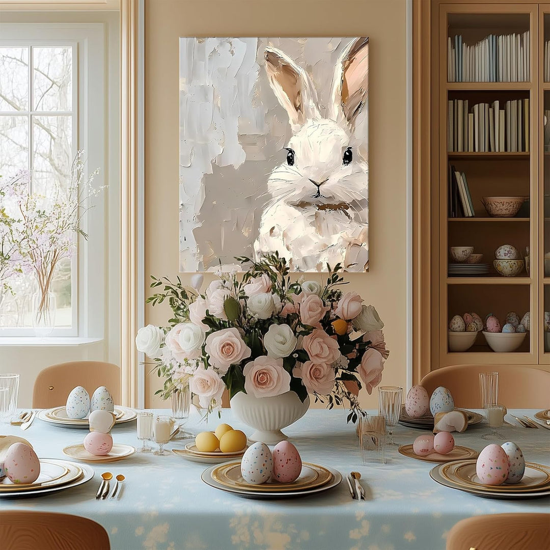 Framed Easter Canvas Wall Art, Vibrant Bunny Canvas Print Poster, Fresh Easter Bunny Painting Stylish Artwork Decoration Pictures Wall Decor for Kitchen Dorm Bedroom Living Room