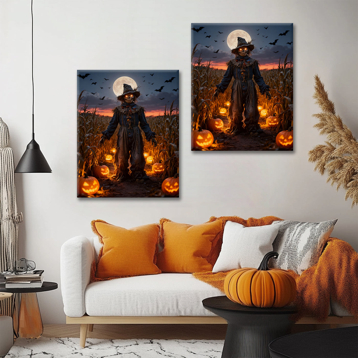 Moonlit Pumpkin Field Scarecrow Halloween Canvas Wall Art
