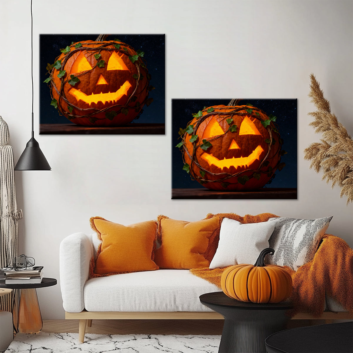 Vine-Wrapped Jack-o’-Lantern Halloween Canvas Wall Art
