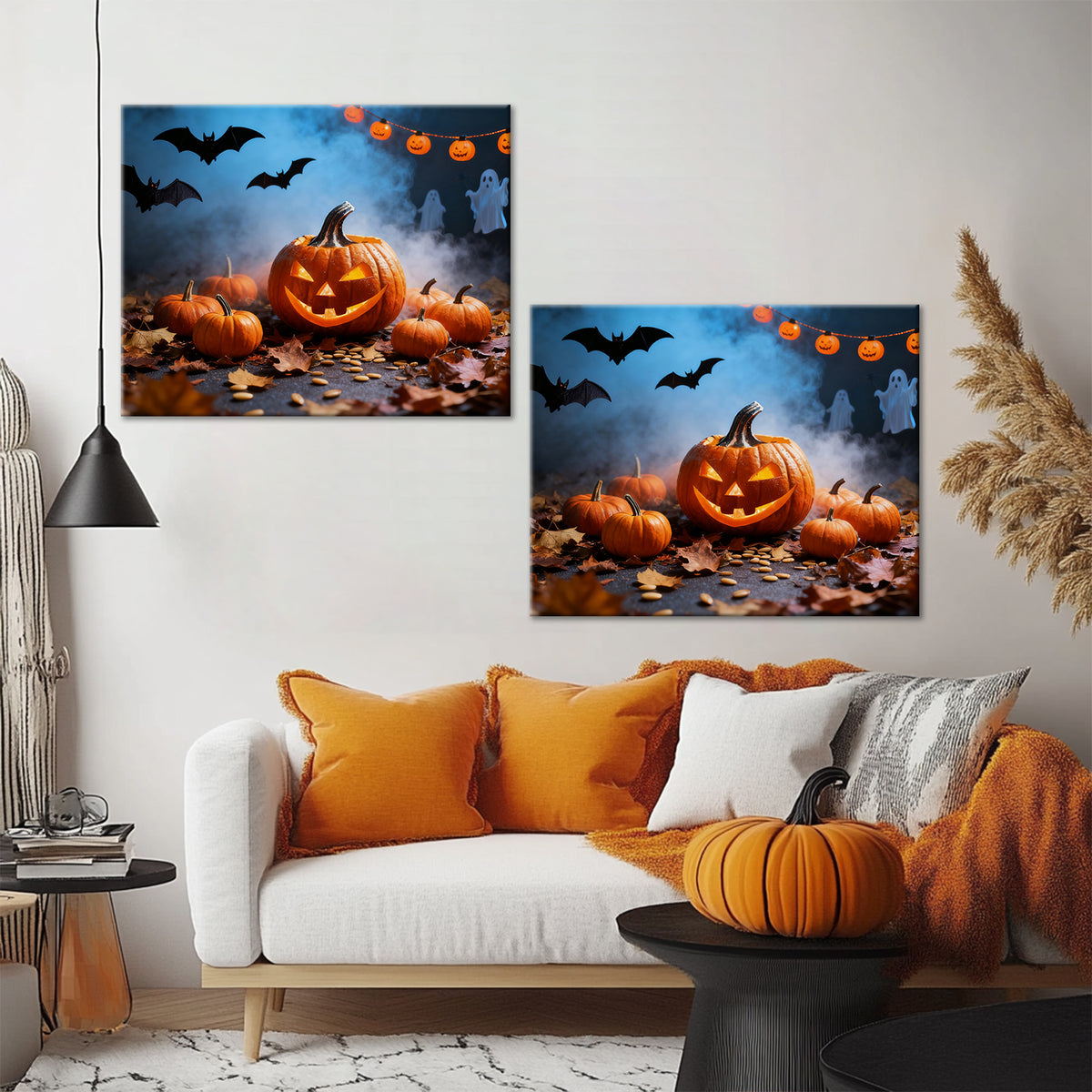 Pumpkin Patch Halloween Canvas Wall Art, Bats and Ghosts Decor