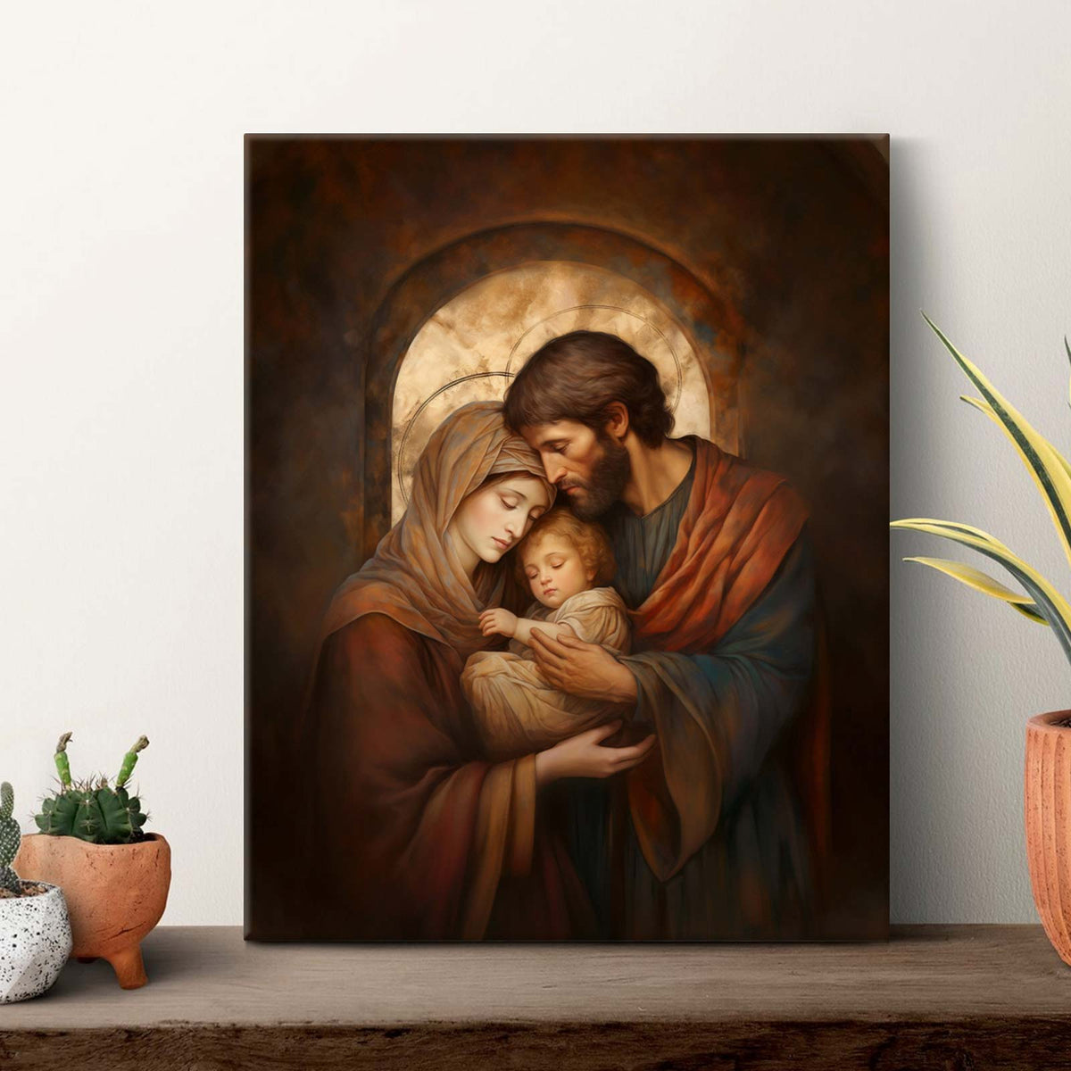 Holy Family Portrait Canvas Wall Art – Mary, Joseph and Baby Jesus Religious Home Decor