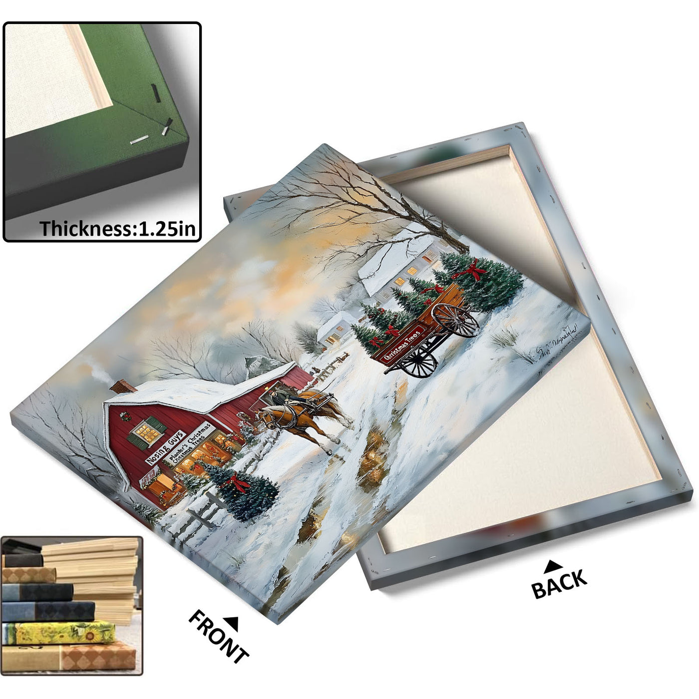 Christmas Tree Farm Canvas Wall Art, Snowy Rustic Farmhouse Landscape with Horse Cart Holiday Decor