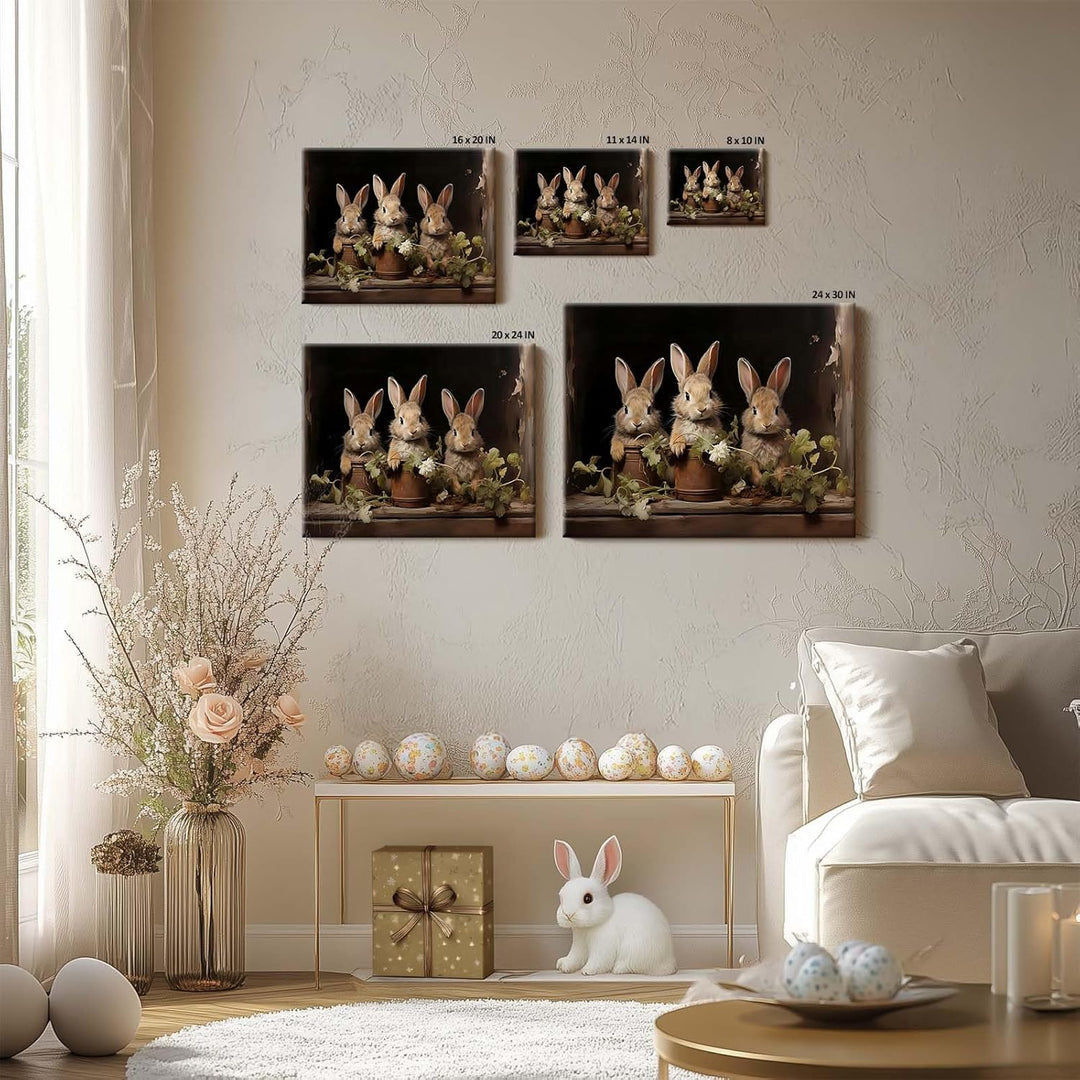 Easter Rabbits Framed Canvas Wall Art, Potted Hares and Plants Oil Painting Home Decor, Nature-Inspired Wall Decor Stunning Lovable Bunny Canvas Prints for Living Room, Bedroom, or Nursery