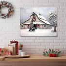 Christmas Farmhouse Barn Canvas Wall Art, Snowy Country Barn with Christmas Tree and Wreath Holiday Decor