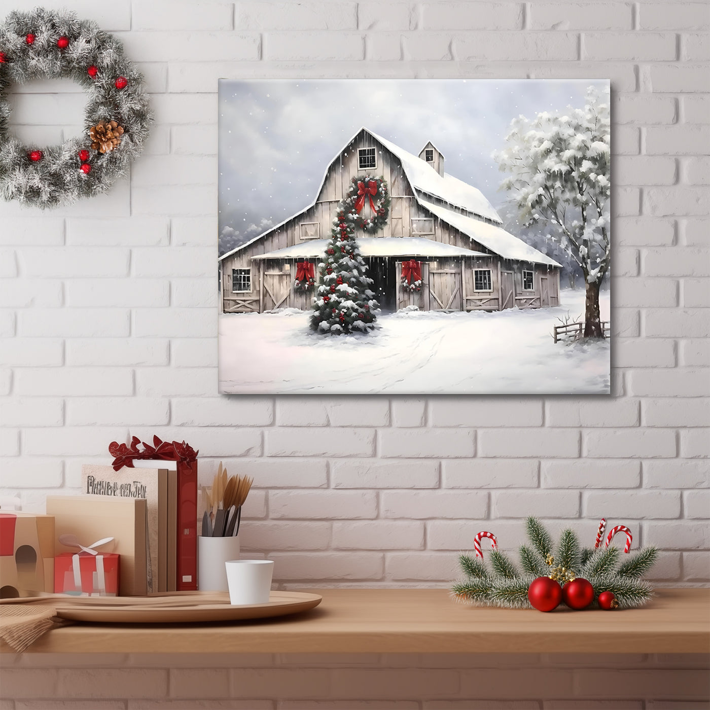 Christmas Farmhouse Barn Canvas Wall Art, Snowy Country Barn with Christmas Tree and Wreath Holiday Decor