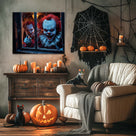 Creepy Clowns at the Window Halloween Canvas Wall Art – Dark Horror Party Decor
