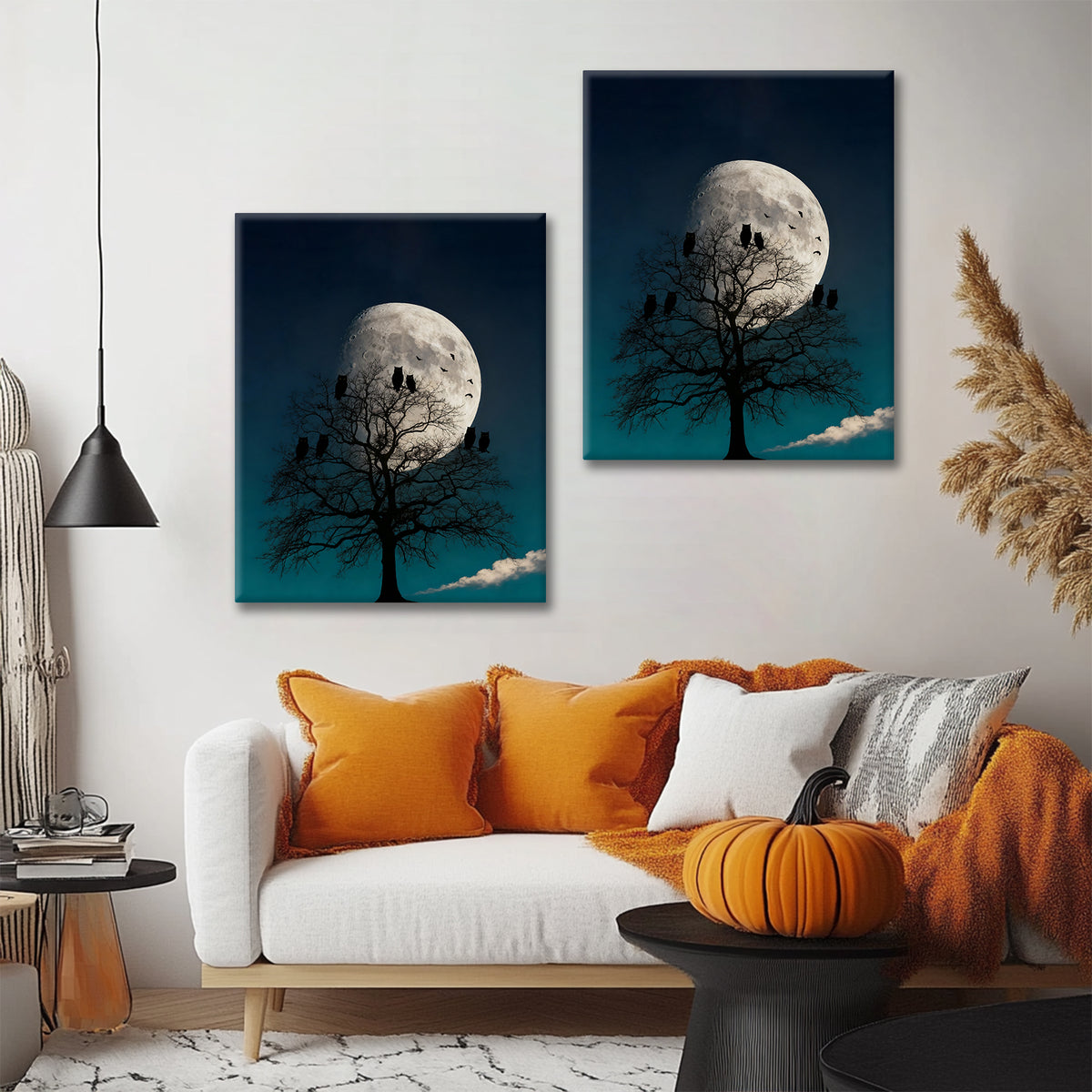 Moonlit Owl Tree Halloween Canvas Wall Art