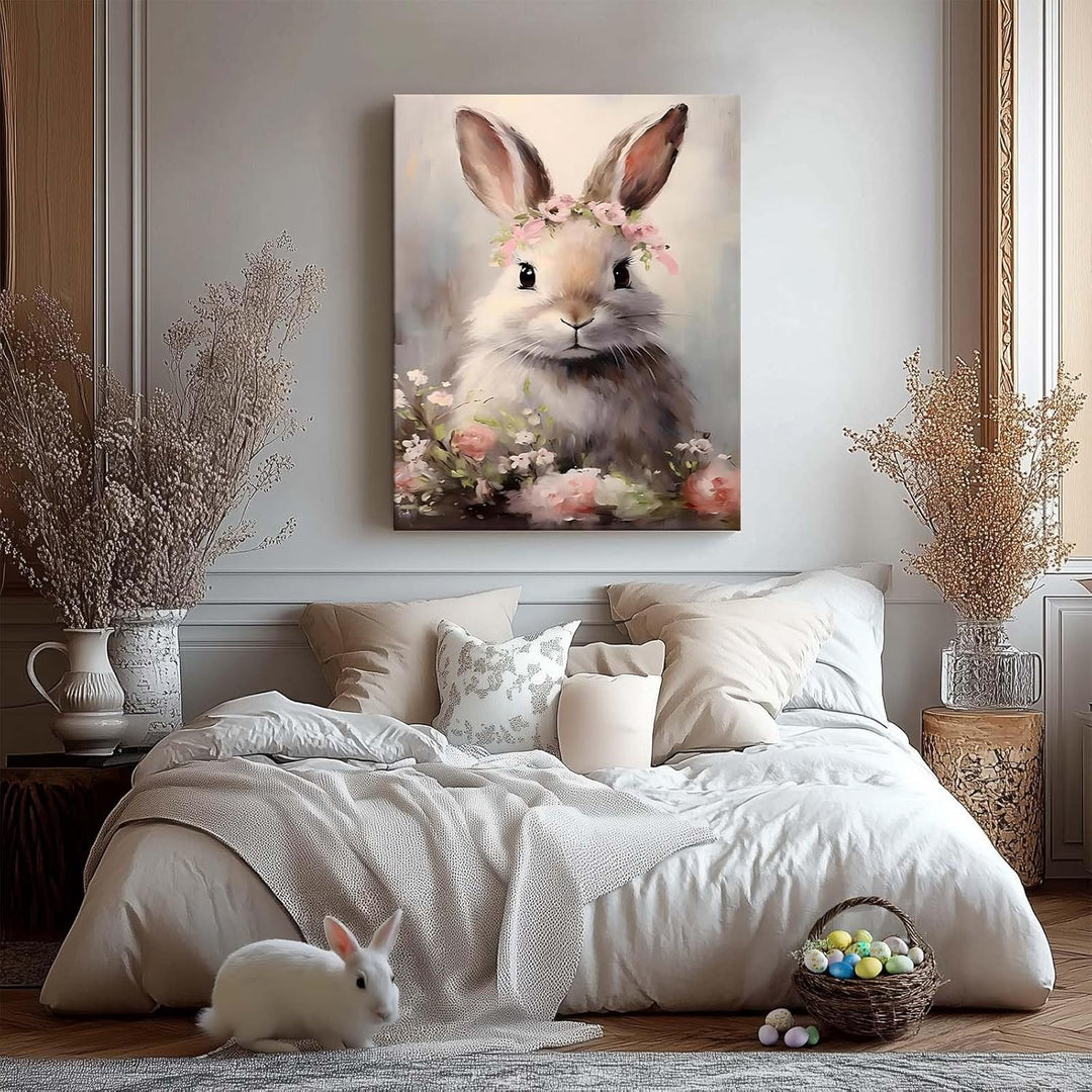 Floral Easter Bunny Canvas Wall Art, Bunny and Flowers Farmhouse Decor Cozy Easter Print Painting Spring Aesthetic Artwork, Holiday Gift Bedroom Living Room Decoration