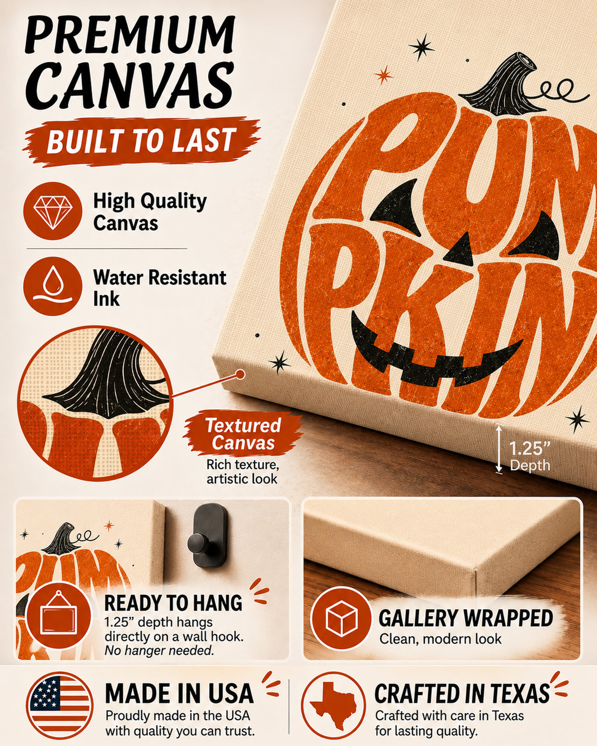 Retro Autumn Pumpkin Typography Halloween Canvas Wall Art