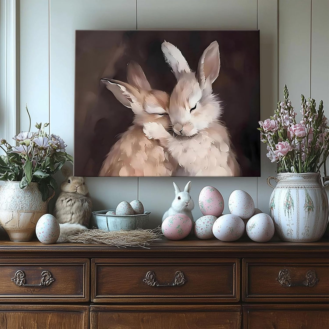 Rustic Easter Bunny Canvas Wall Art, 2 Rabbits Farmhouse Home Decor Print Painting Artwork, Modern Easter Charm Holiday Gift Nursery Living Room Bedroom Decoration