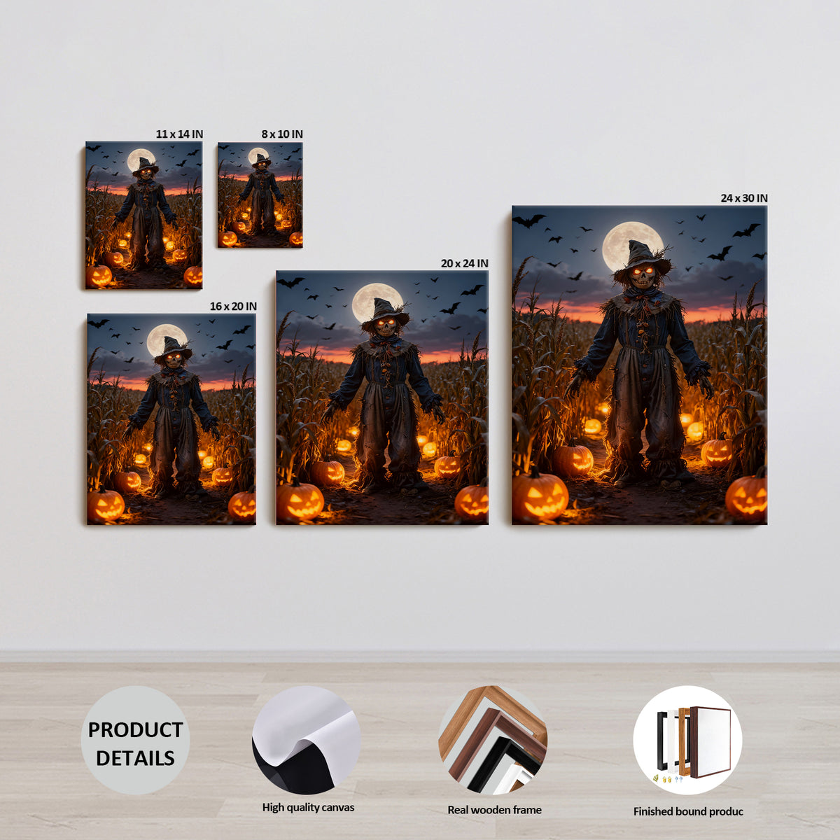 Moonlit Pumpkin Field Scarecrow Halloween Canvas Wall Art