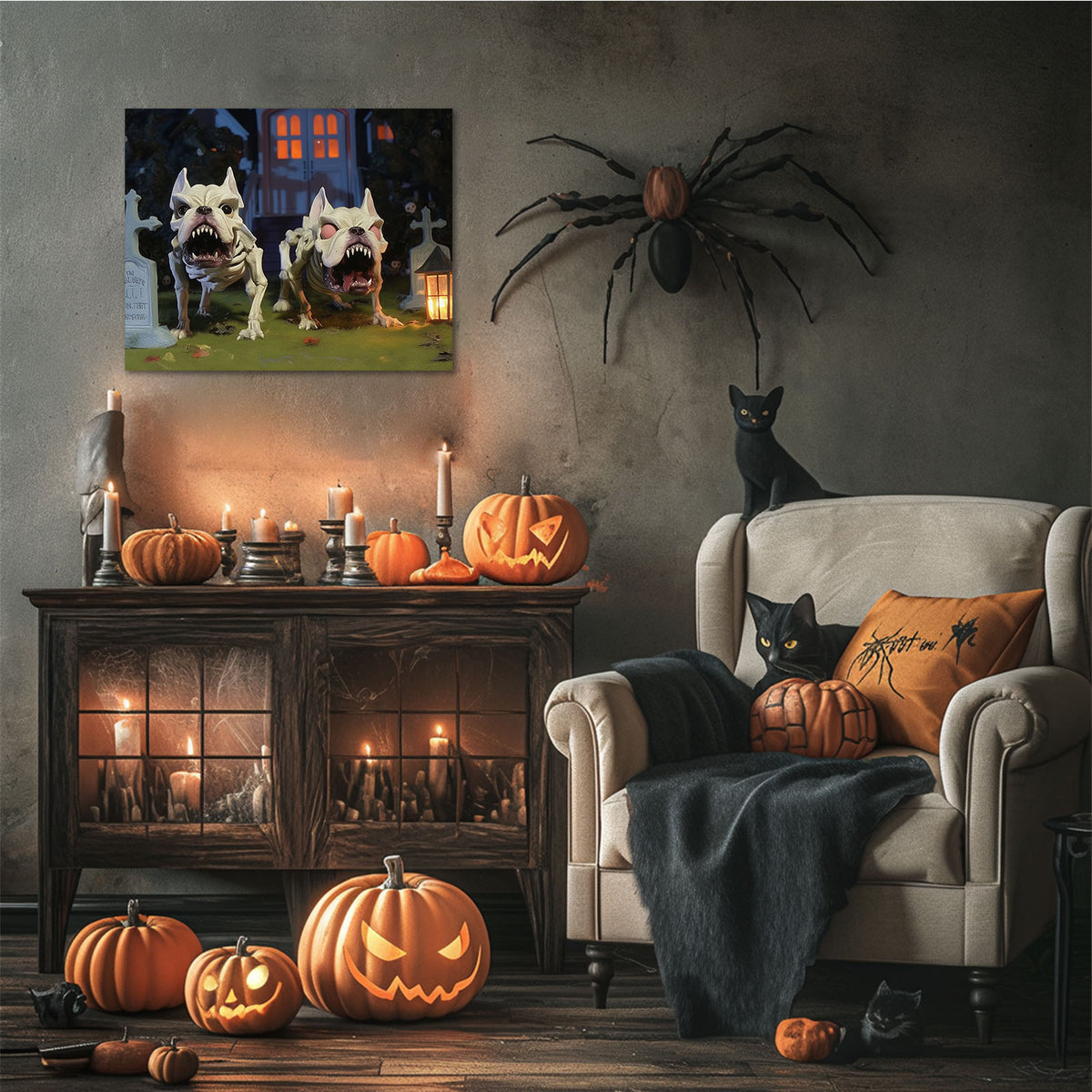 Spooky Skeleton Bulldogs in a Haunted Graveyard Illustration Dogs Wall Art