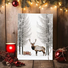 Christmas Elk and Sleigh Canvas Wall Art, Snowy Forest Wildlife Artwork with Gifts for Holiday Decor
