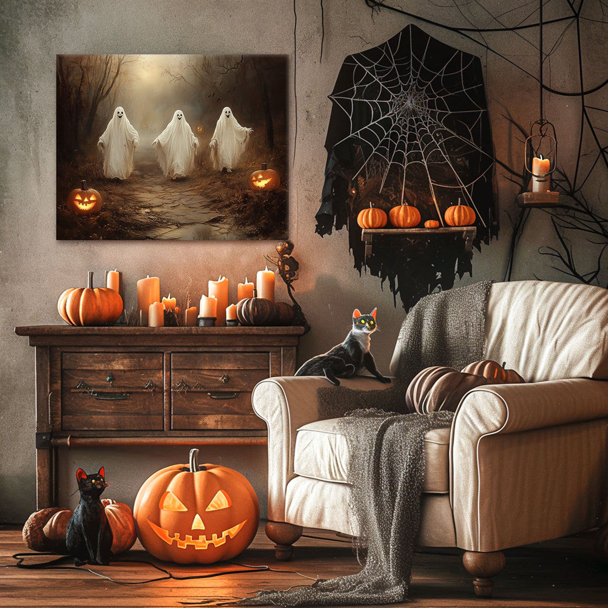 Three Ghosts on a Haunted Forest Path Dark Gothic Halloween Painting Wall Art