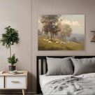 Sheep Grazing in the Misty Meadow Soft Atmospheric Pastoral Landscape Painting Wall Art