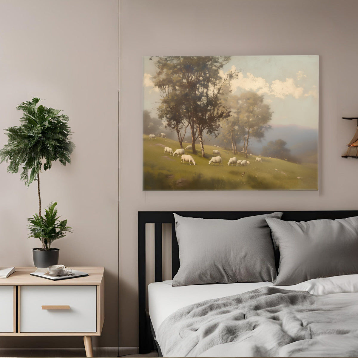 Sheep Grazing in the Misty Meadow Soft Atmospheric Pastoral Landscape Painting Wall Art