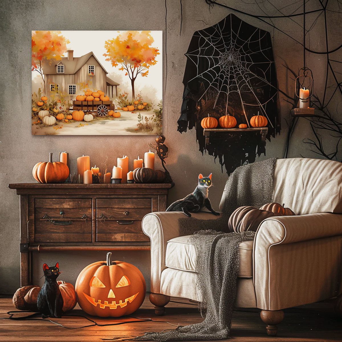 Autumn Pumpkin Farmhouse Charming Rustic Fall Harvest Illustration Wall Art