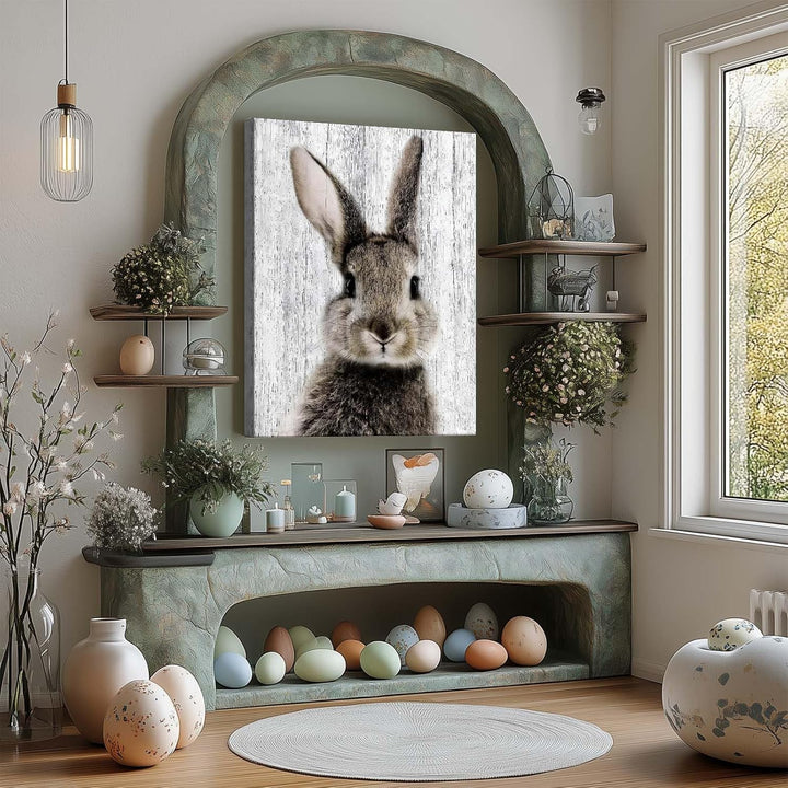 Easter Framed Canvas Wall Art Living Room Decor Rustic Bunny Poster Lovable Rabbit Front Portrait Painting Modern Artwork for Bedroom Dorm Home Office Holiday Wall Decoration