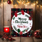 Merry Christmas Happy New Year Canvas Wall Art, Rustic Plaid Holiday Sign with Christmas Wreath and Mittens