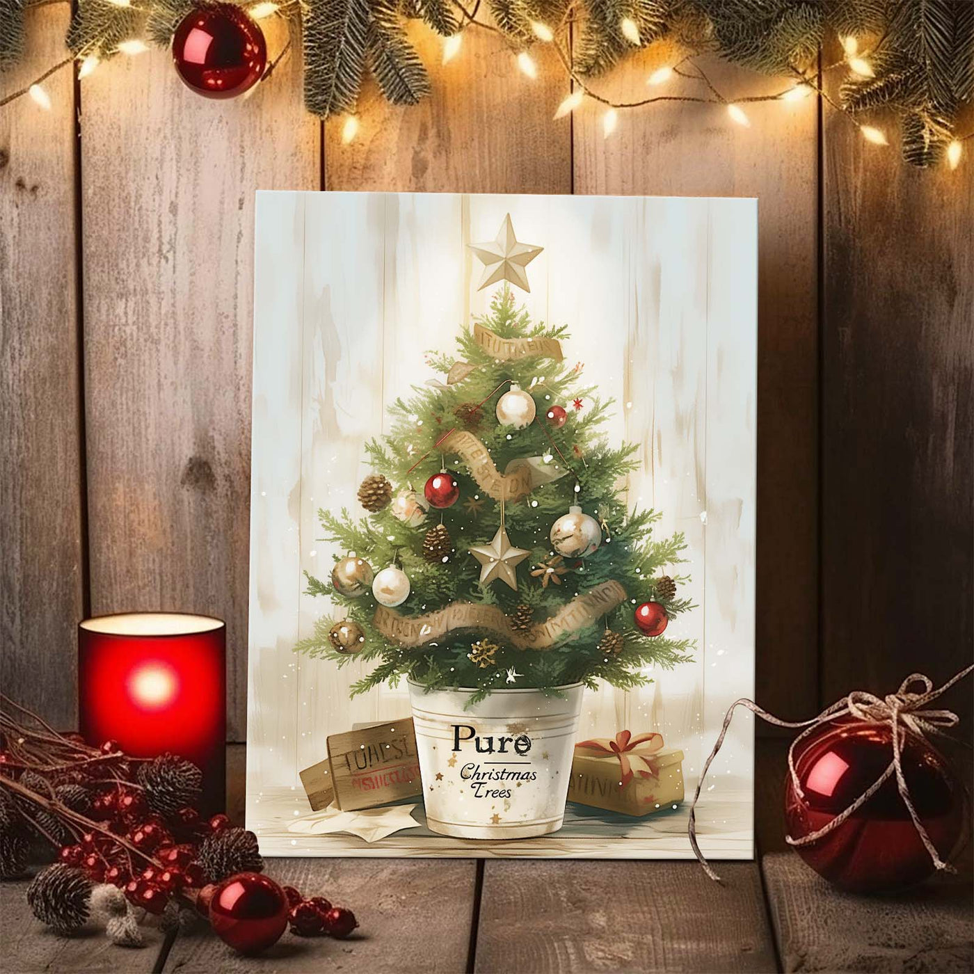 Small Christmas Tree Canvas Wall Art, Rustic Potted Christmas Tree with Ornaments and Gifts Holiday Decor