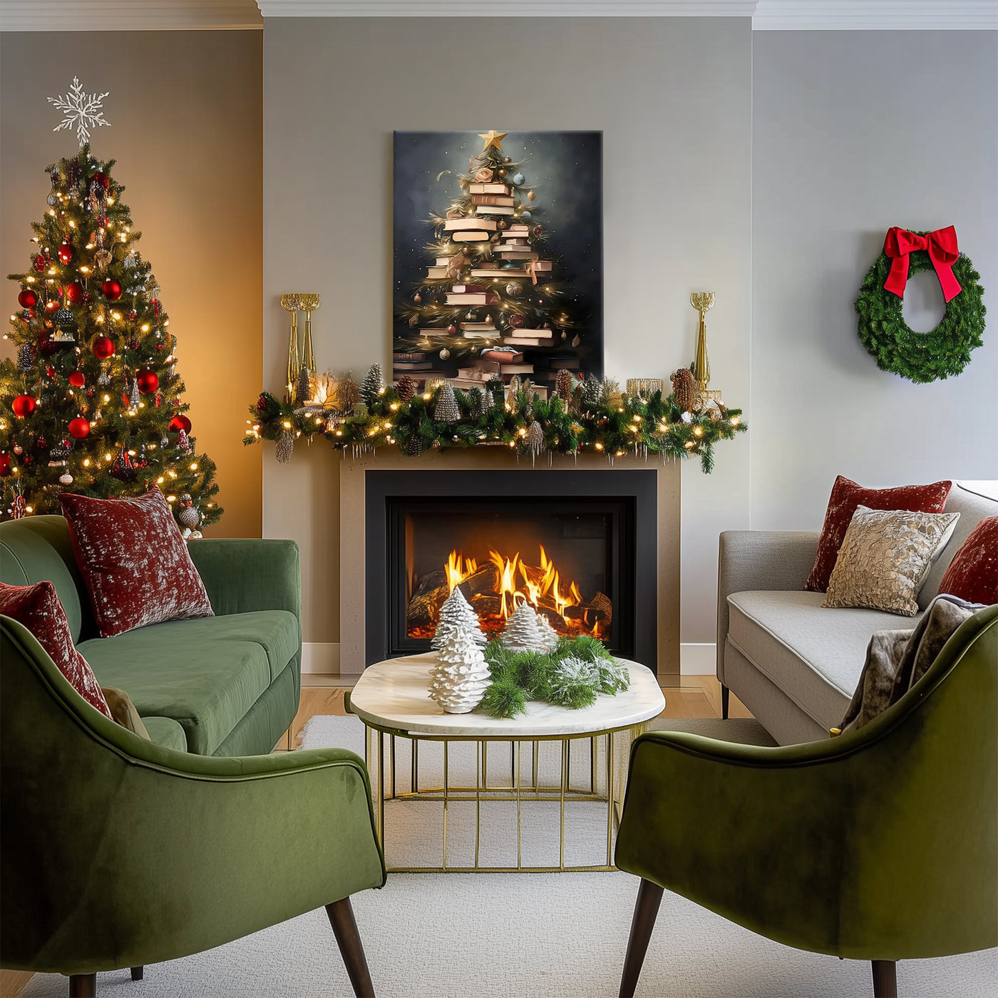 Book Lover Christmas Tree Canvas Wall Art, Stacked Books Holiday Decor for Home Library and Reading Room