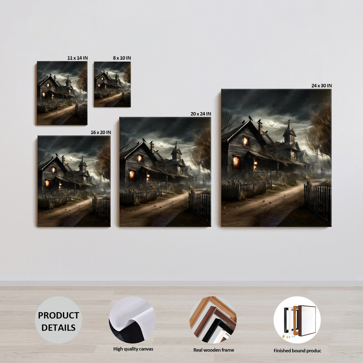 Shadowy Halloween Village Street Canvas Wall Art