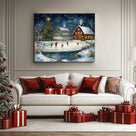 Christmas Ice Skating Canvas Wall Art, Snowy Farmhouse Scene with Christmas Tree and Barn Holiday Decor