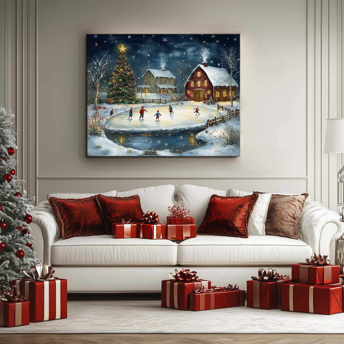 Christmas Ice Skating Canvas Wall Art, Snowy Farmhouse Scene with Christmas Tree and Barn Holiday Decor