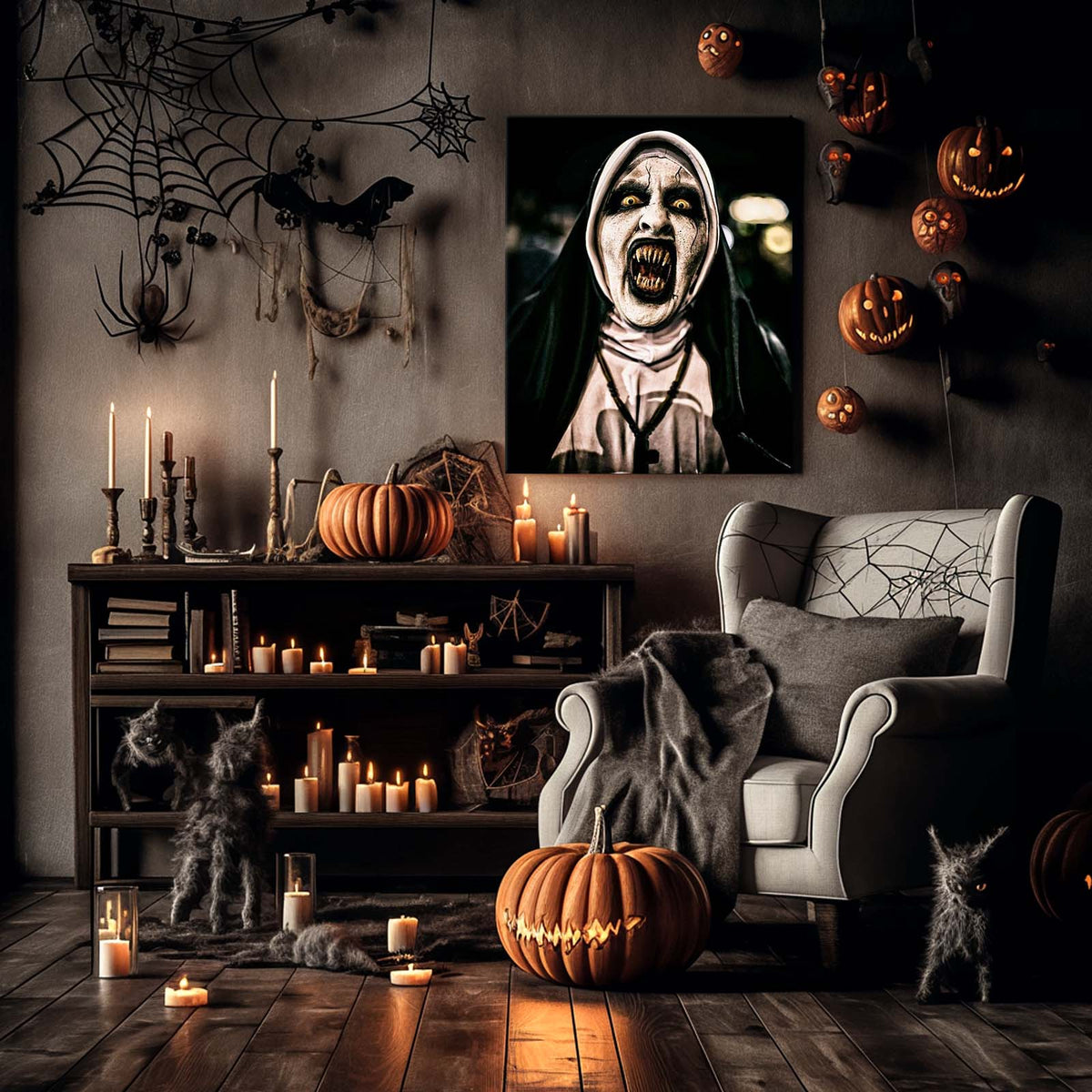 Demonic Nun Horror Halloween Canvas Wall Art – Terrifying Religious Horror Decor