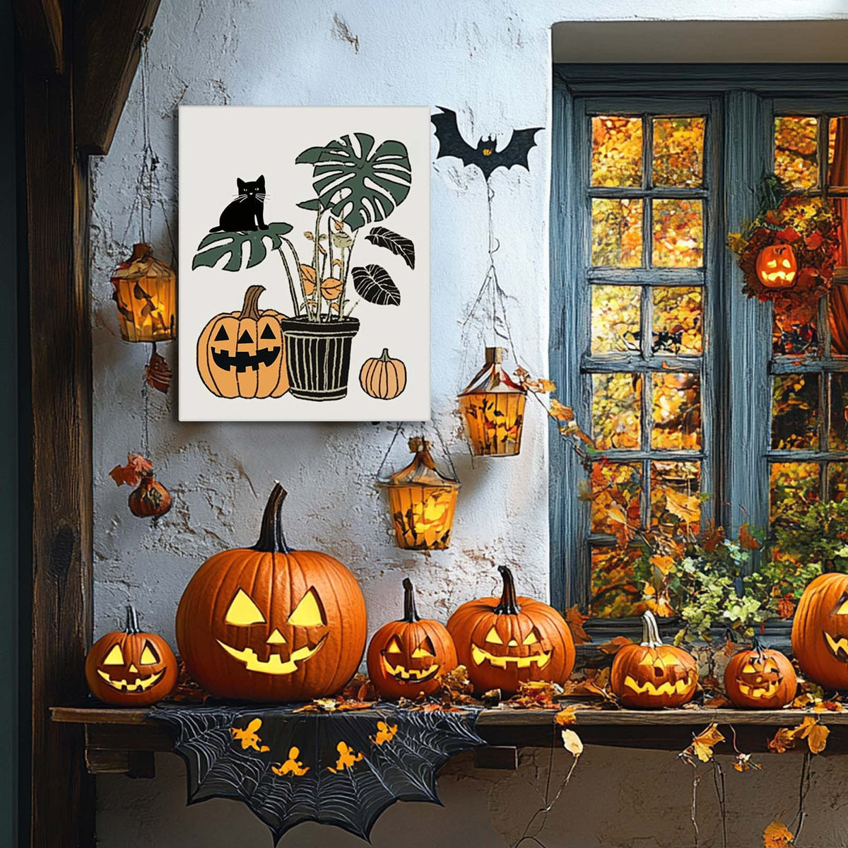 Halloween Black Cats, Ghosts and Pumpkins Illustration Wall Art