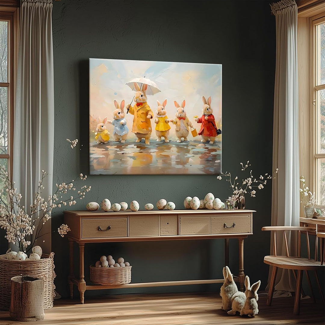 Framed Easter Canvas Wall Art, Bunny Family in Rainy Spring Print Poster, Whimsical Oil Painting Heartwarming Fun Artwork Decoration Pictures