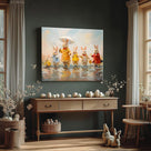 Framed Easter Canvas Wall Art, Bunny Family in Rainy Spring Print Poster, Whimsical Oil Painting Heartwarming Fun Artwork Decoration Pictures
