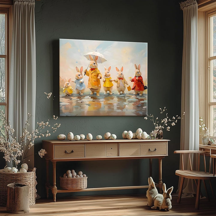Framed Easter Canvas Wall Art, Bunny Family in Rainy Spring Print Poster, Whimsical Oil Painting Heartwarming Fun Artwork Decoration Pictures