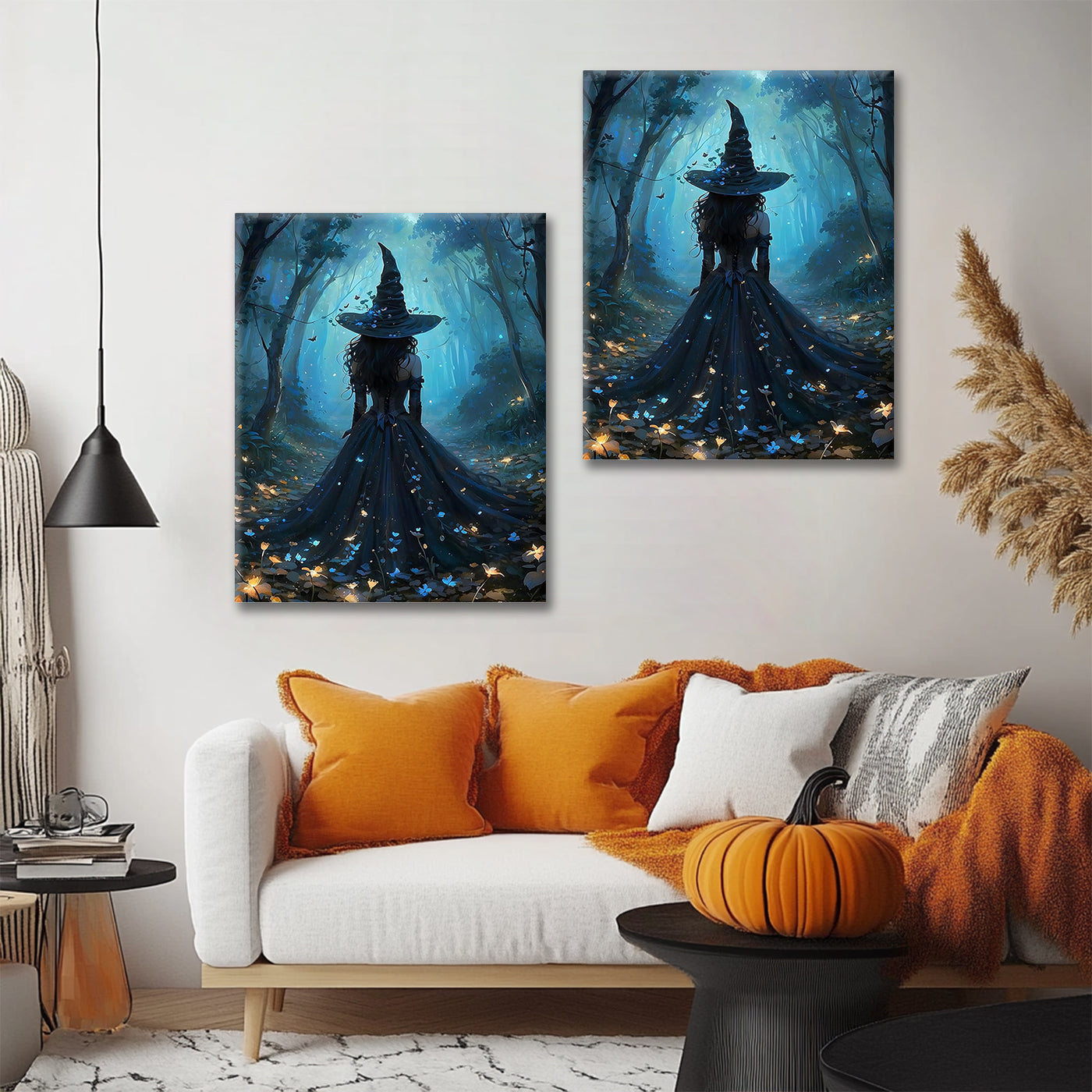 Mystic Blue Forest Witch Halloween Canvas Wall Art